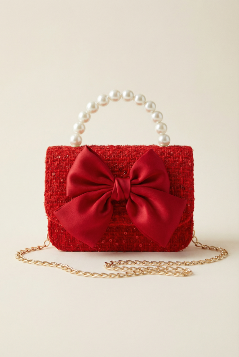 rood handtasje meisje, meisjes handtas, handtas met strik, parelhandvat tas, kindertasje feest, prinsessen handtasje, elegante meisjes tas, cadeautje meisje