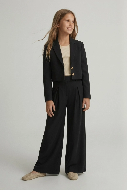 elegante meisjes set Emi zwart, top met tule mouwen en rok, Vormsel feestkleding, zoyafashion.be