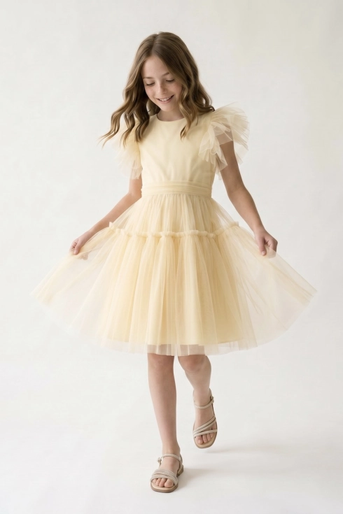 gele feestjurk meisjes, tulen jurk, Paola jurk