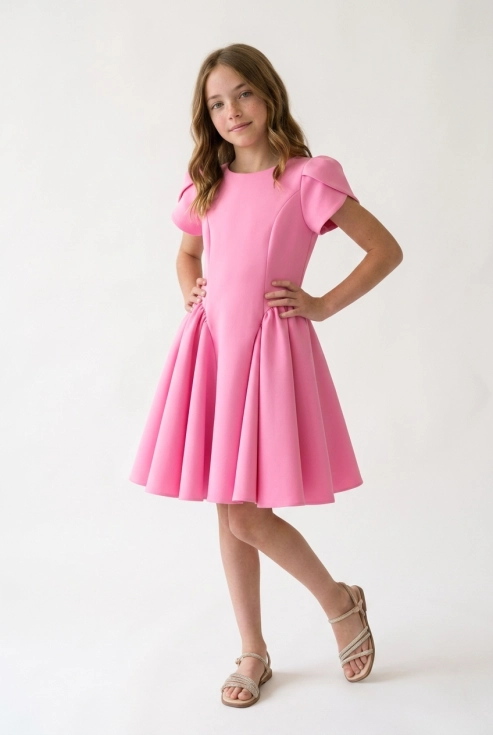 roze feestjurk meisje, tulpjurk kind, uitlopende jurk, bruidsmeisjesjurk roze
