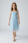 asymmetrische zoom jurk, chiffon jurk meisje, blauwe feestjurk