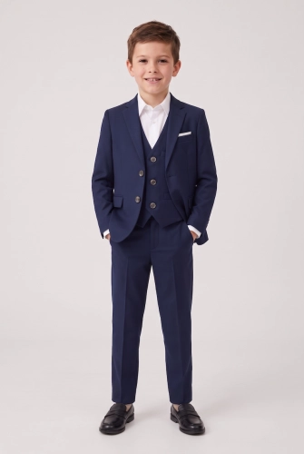 Kostuum Liam voor jongens in marineblauw – colbert, broek, gilet en stropdas