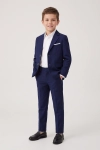 Kostuum Liam voor jongens in marineblauw – open colbert en broek, half gedraaid