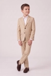 Beige kostuum Liam voor jongens – dichtgeknoopt colbert met klepzakken en broek, vooraanzicht
