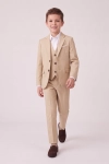 Beige kostuum Liam voor jongens – open colbert, gilet met knopen en broek, vooraanzicht