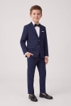 Marineblauw kostuum Sam voor jongens met colbert, broek en zwarte vlinderdas – vooraanzicht, hele outfit